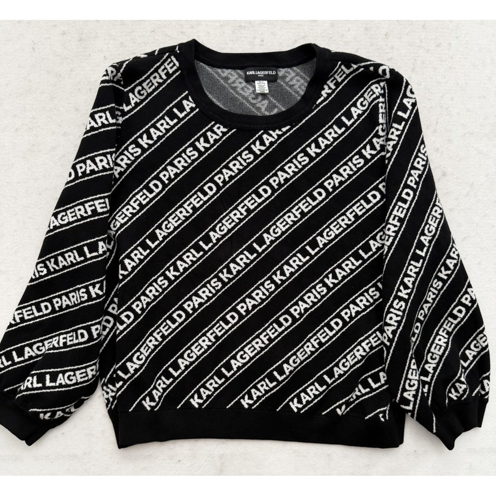 Karl Lagerfeld Paris Logo Sweater Womens XL Black White All Over Logo Knit‎